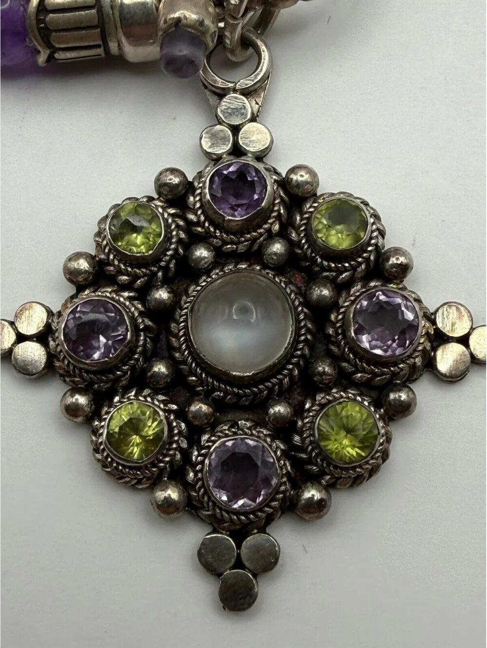 925 Sterling Silver Amethyst Pearl Peridot Gemstone Beaded Pendant Necklace